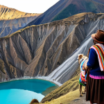 **

Prompt: A vibrant photograph capturing the Quilotoa Loop in Ecuador. Focus on a traditionally dressed Andean woman leading a llama laden with colorful textiles past a turquoise crater lake, with snow-capped mountains in the background. The scene should evoke a sense of adventure and cultural immersion. Golden hour lighting. German tourists with hiking gear are watching respectfully.

**