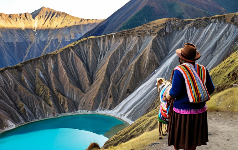 **
Prompt: A vibrant photograph capturing the Quilotoa Loop in Ecuador. Focus on a traditionally dressed Andean woman leading a llama laden with colorful textiles past a turquoise crater lake, with snow-capped mountains in the background. The scene should evoke a sense of adventure and cultural immersion. Golden hour lighting. German tourists with hiking gear are watching respectfully.
**