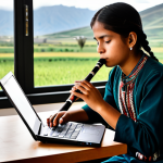 A talented young Ecuadorian musician, fully clothed in modest, contemporary attire with subtle indigenous patterns, plays a traditional Quena (Andean flute) with a contemplative expression. In the background, a modern mixing console and a laptop with music software are visible, subtly suggesting the fusion of traditional and electronic sounds. The setting is a cozy, sunlit home studio with a view of rolling green hills, emphasizing a connection to both heritage and innovation. Perfect anatomy, correct proportions, natural pose, well-formed hands, proper finger count. Professional studio photography, high quality, safe for work, appropriate content, fully clothed, family-friendly.
