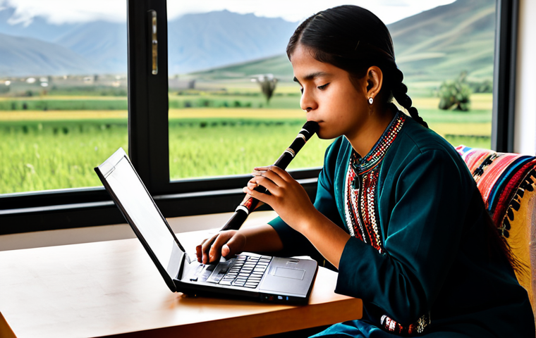 A talented young Ecuadorian musician, fully clothed in modest, contemporary attire with subtle indigenous patterns, plays a traditional Quena (Andean flute) with a contemplative expression. In the background, a modern mixing console and a laptop with music software are visible, subtly suggesting the fusion of traditional and electronic sounds. The setting is a cozy, sunlit home studio with a view of rolling green hills, emphasizing a connection to both heritage and innovation. Perfect anatomy, correct proportions, natural pose, well-formed hands, proper finger count. Professional studio photography, high quality, safe for work, appropriate content, fully clothed, family-friendly.