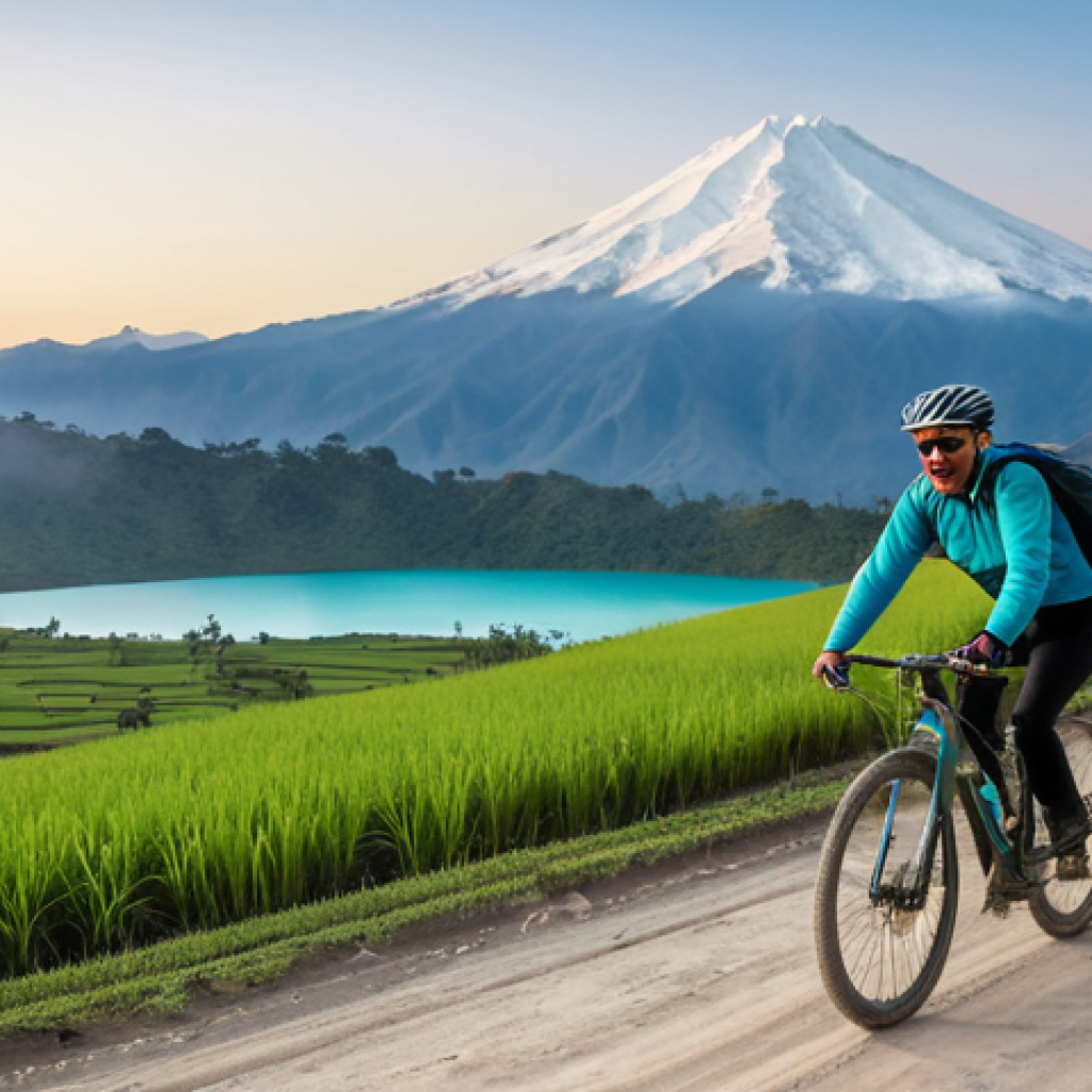 A professional cyclist, fully clothed in modest and appropriate cycling attire, rides a touring bicycle along a dusty, winding dirt road high in the Ecuadorian Andes. The scene is bathed in the soft, warm light of an early morning sunrise. In the background, majestic snow-capped peaks tower over a shimmering turquoise crater lake, reflecting the clear sky. The landscape features lush green fields and distant, rolling hills. Professional photography, high quality, perfect anatomy, correct proportions, natural pose, well-formed hands, proper finger count, natural body proportions, safe for work, appropriate content, fully clothed, family-friendly.