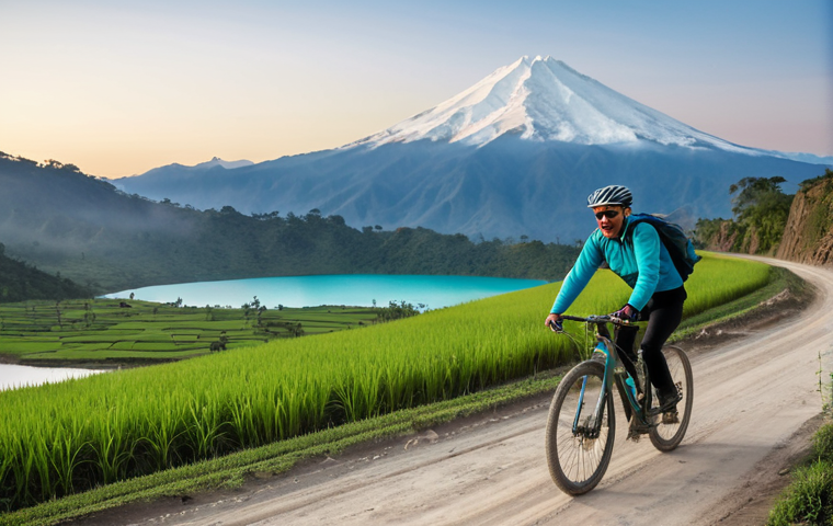 A professional cyclist, fully clothed in modest and appropriate cycling attire, rides a touring bicycle along a dusty, winding dirt road high in the Ecuadorian Andes. The scene is bathed in the soft, warm light of an early morning sunrise. In the background, majestic snow-capped peaks tower over a shimmering turquoise crater lake, reflecting the clear sky. The landscape features lush green fields and distant, rolling hills. Professional photography, high quality, perfect anatomy, correct proportions, natural pose, well-formed hands, proper finger count, natural body proportions, safe for work, appropriate content, fully clothed, family-friendly.