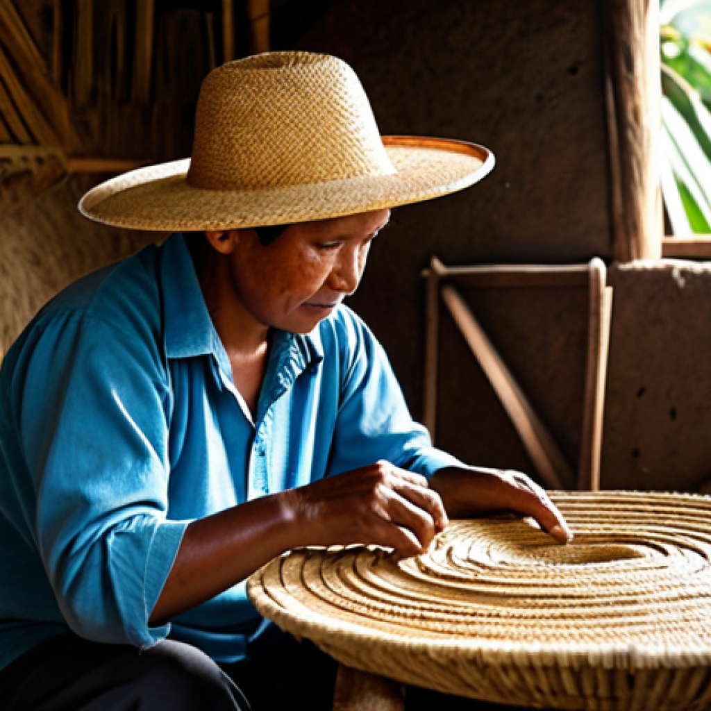 An skilled Ecuadorian artisan, fully clothed in modest traditional attire, meticulously weaving a Toquilla straw Panama hat. Focus on the artisan's well-formed hands delicately working with the natural fibers. The setting is a sunlit, rustic workshop in a rural Ecuadorian village, with bundles of raw Toquilla straw visible in the background. The scene emphasizes dedication and traditional craftsmanship. Perfect anatomy, correct proportions, natural pose, proper finger count, natural body proportions, safe for work, appropriate content, professional, family-friendly, high quality, professional photography, realistic rendering.
