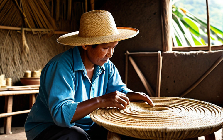 An skilled Ecuadorian artisan, fully clothed in modest traditional attire, meticulously weaving a Toquilla straw Panama hat. Focus on the artisan's well-formed hands delicately working with the natural fibers. The setting is a sunlit, rustic workshop in a rural Ecuadorian village, with bundles of raw Toquilla straw visible in the background. The scene emphasizes dedication and traditional craftsmanship. Perfect anatomy, correct proportions, natural pose, proper finger count, natural body proportions, safe for work, appropriate content, professional, family-friendly, high quality, professional photography, realistic rendering.
