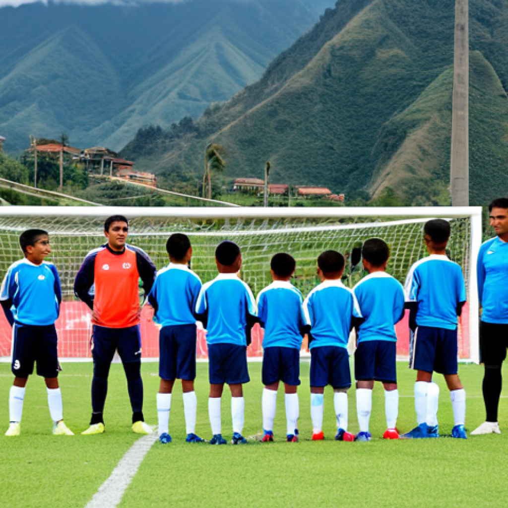 "A professional soccer coach in Ecuador, fully clothed in athletic wear, instructing young players during a training session. Background: a well-maintained soccer field with mountains in the distance. Appropriate attire, safe for work, perfect anatomy, natural proportions, professional photography, high quality, family-friendly."