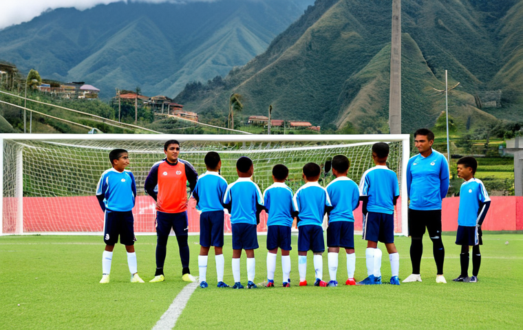 "A professional soccer coach in Ecuador, fully clothed in athletic wear, instructing young players during a training session. Background: a well-maintained soccer field with mountains in the distance. Appropriate attire, safe for work, perfect anatomy, natural proportions, professional photography, high quality, family-friendly."