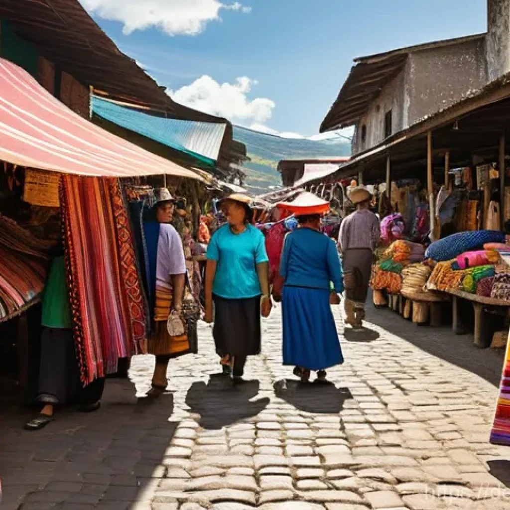 에콰도르 시장 쇼핑 팁 - **Vibrant Ecuadorian Market Scene**
    "A bustling and vibrant open-air market in Ecuador, filled w...
