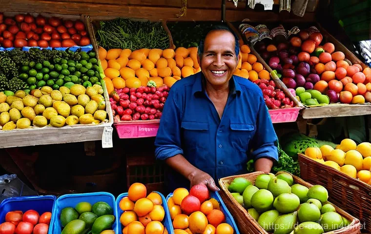 에콰도르 시장 쇼핑 팁 - **Vibrant Ecuadorian Market Scene**
    "A bustling and vibrant open-air market in Ecuador, filled w...