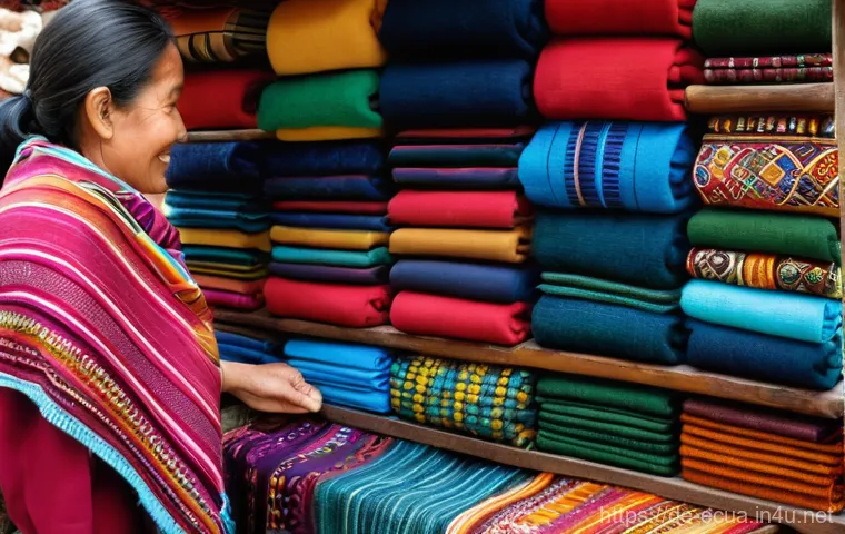 에콰도르 시장 쇼핑 팁 - **Prompt 1: Artisan Textiles and Craftsmanship at an Ecuadorian Market**
    "A vibrant, eye-level s...