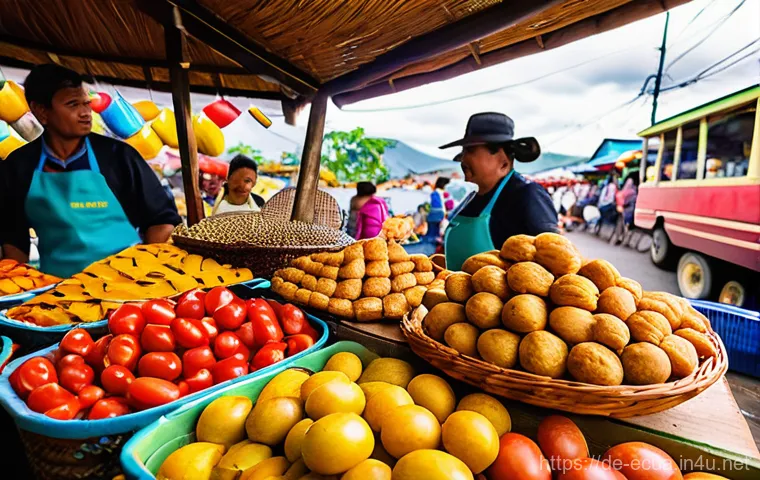 에콰도르 시장 쇼핑 팁 - **Prompt 1: Artisan Textiles and Craftsmanship at an Ecuadorian Market**
    "A vibrant, eye-level s...