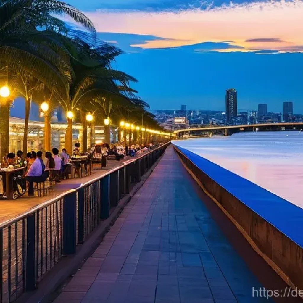 과야킬 여행 추천지 - **A vibrant evening scene at Malecón 2000 in Guayaquil.** The modern promenade stretches along the R...