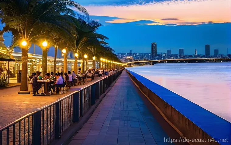 과야킬 여행 추천지 - **A vibrant evening scene at Malecón 2000 in Guayaquil.** The modern promenade stretches along the R...