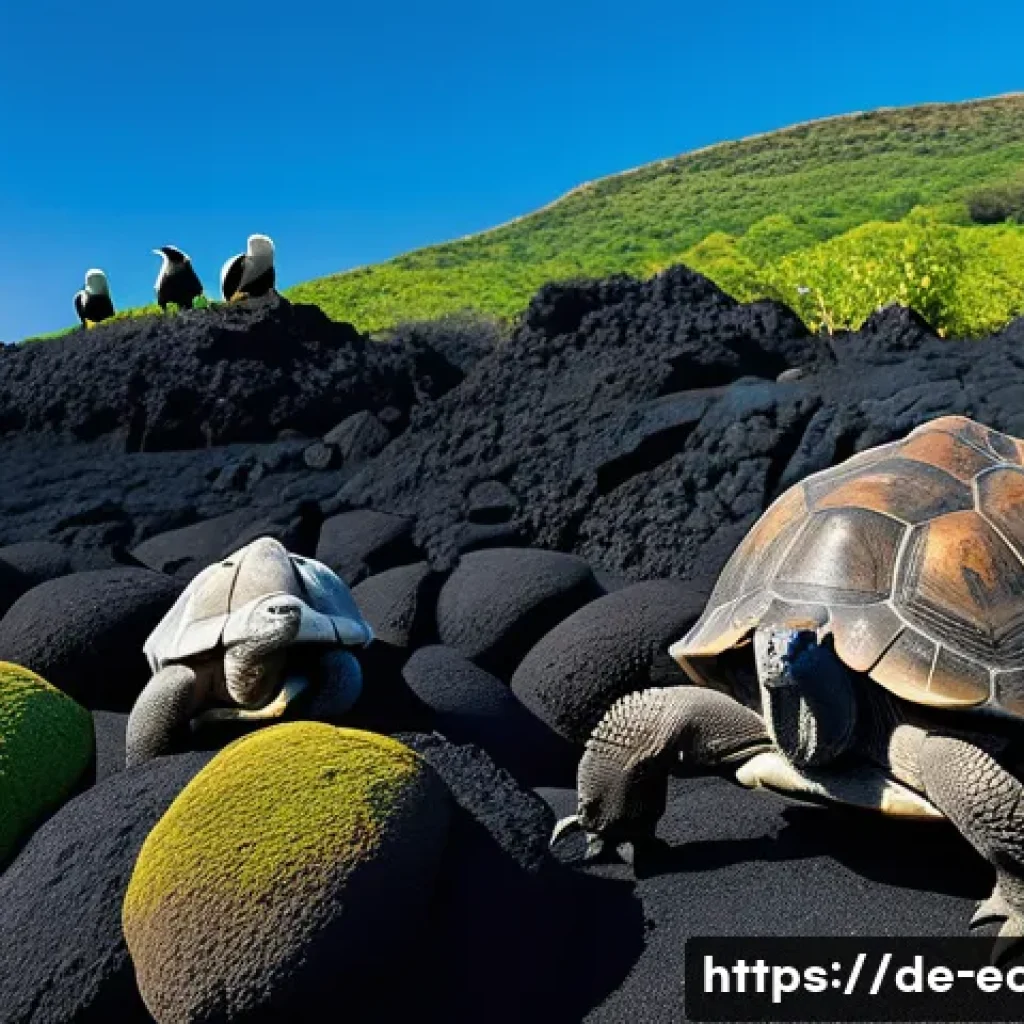 에콰도르 자연경관 베스트 10 - A close-up scene on the Galápagos Islands showing a group of giant tortoises slowly moving among vol...