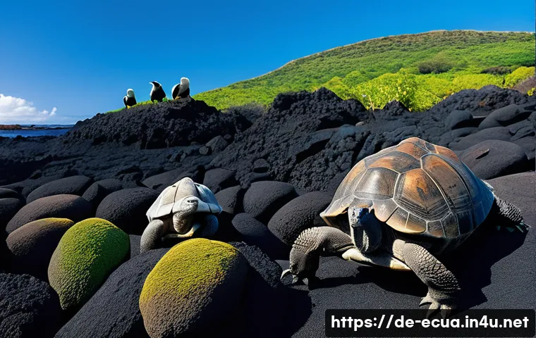 에콰도르 자연경관 베스트 10 - A close-up scene on the Galápagos Islands showing a group of giant tortoises slowly moving among vol...
