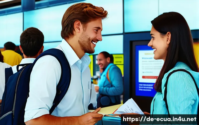 에콰도르 비자 및 입국 절차 - A busy airport immigration scene in Ecuador showing a German tourist couple at the passport control ...