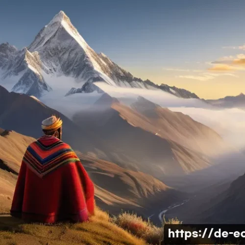 에콰도르에서 유명한 문학 작품 - A majestic Andean mountain landscape at sunrise, with mist swirling around rugged peaks and native f...
