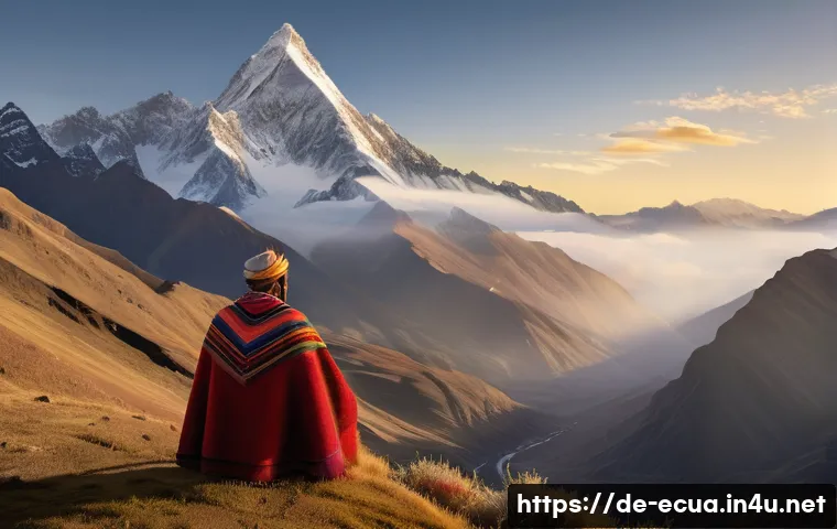 에콰도르에서 유명한 문학 작품 - A majestic Andean mountain landscape at sunrise, with mist swirling around rugged peaks and native f...