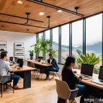 에콰도르 디지털 노마드 생활 - A modern coworking space in Quito, Ecuador, featuring diverse professionals working on laptops at er...