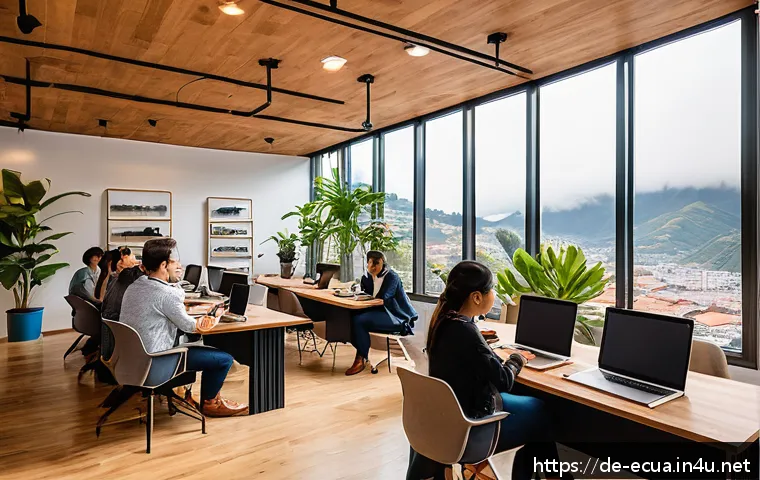 에콰도르 디지털 노마드 생활 - A modern coworking space in Quito, Ecuador, featuring diverse professionals working on laptops at er...