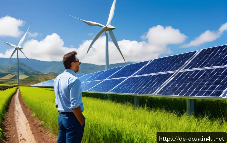 에콰도르 경제 위기와 해결 방안 - A vibrant scene of Ecuadorian renewable energy development, featuring a large solar farm with sleek ...