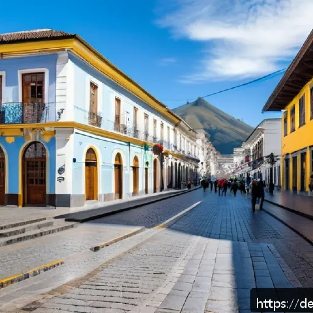 키토 관광 필수 코스 - A vibrant street scene in Quito’s historic Old Town during daylight, showcasing colorful colonial bu...