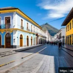 키토 관광 필수 코스 - A vibrant street scene in Quito’s historic Old Town during daylight, showcasing colorful colonial bu...