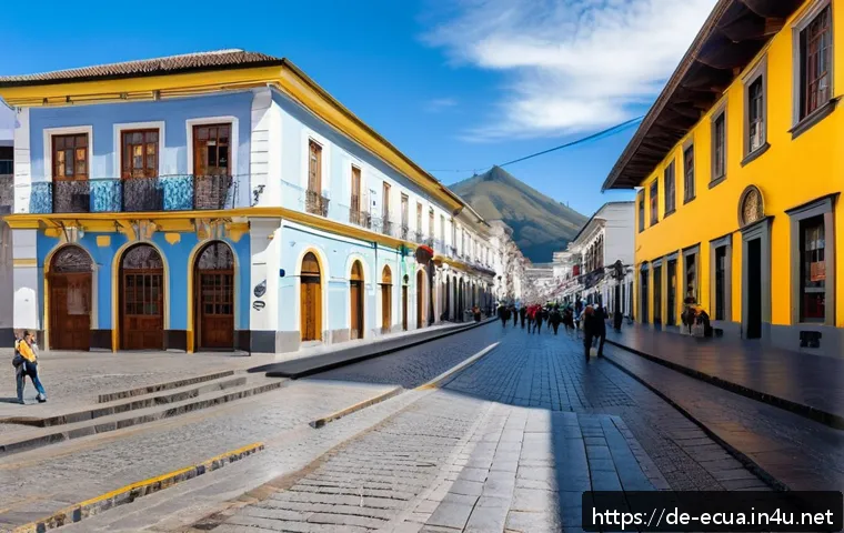 키토 관광 필수 코스 - A vibrant street scene in Quito’s historic Old Town during daylight, showcasing colorful colonial bu...