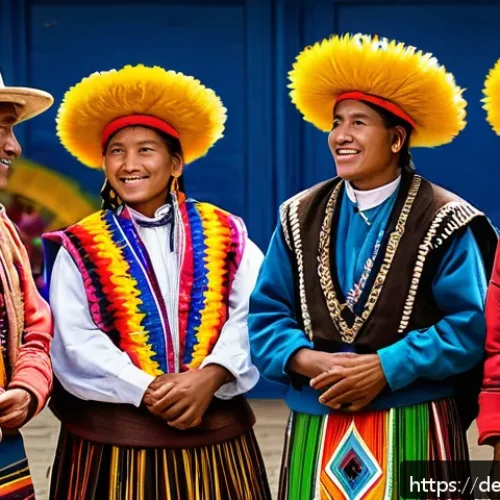 에콰도르에서 사라져가는 전통 문화 - A vibrant traditional Ecuadorian festival scene in the Andean mountains featuring men and women dres...