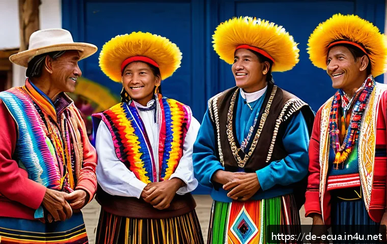 에콰도르에서 사라져가는 전통 문화 - A vibrant traditional Ecuadorian festival scene in the Andean mountains featuring men and women dres...