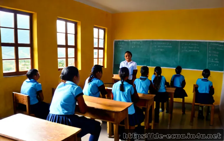 에콰도르에서 교육 시스템과 학교 제도 - Photorealistic Ecuadorian public school classroom in Quito, diverse teenage students in neat casual ...
