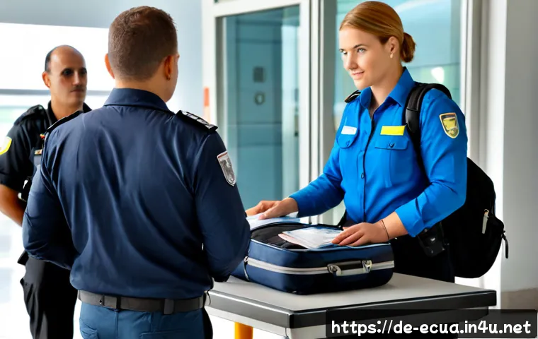 Home 13 에콰도르 마약 관련 주의사항 - Photorealistic airport security scene in Ecuador, a German-speaking European traveler with a backpac...